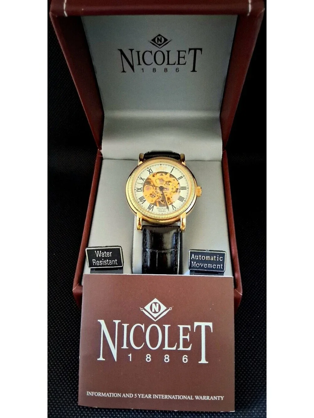 NEW in Box RARE Nicolet 1886 NT322122 Skeleton Mechanical Men's Leather Watch
